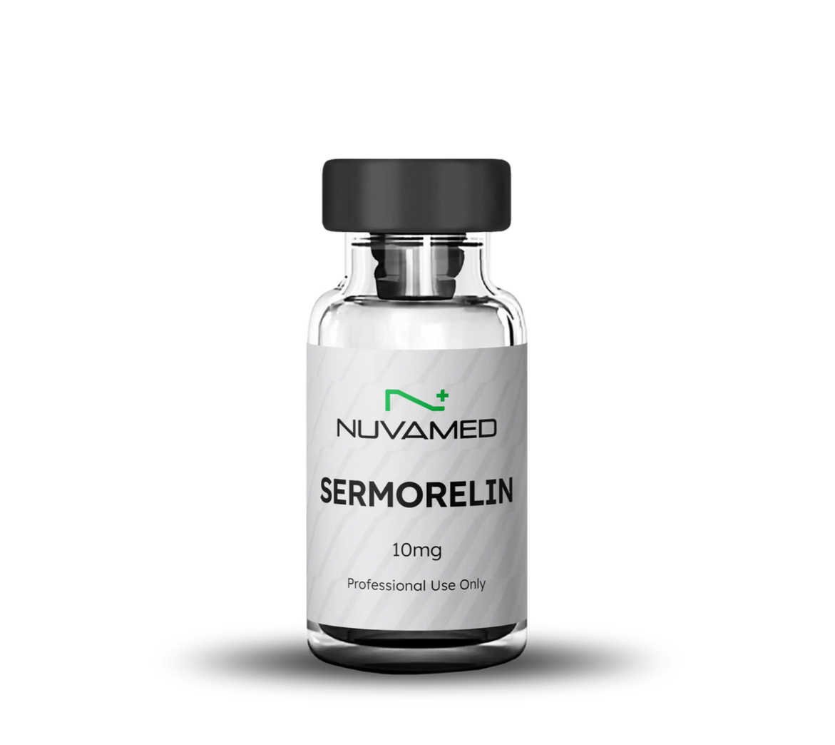A small glass vial labeled "NUVAMED SERMORELIN 10mg Professional Use Only" with a black cap, set against a white background.