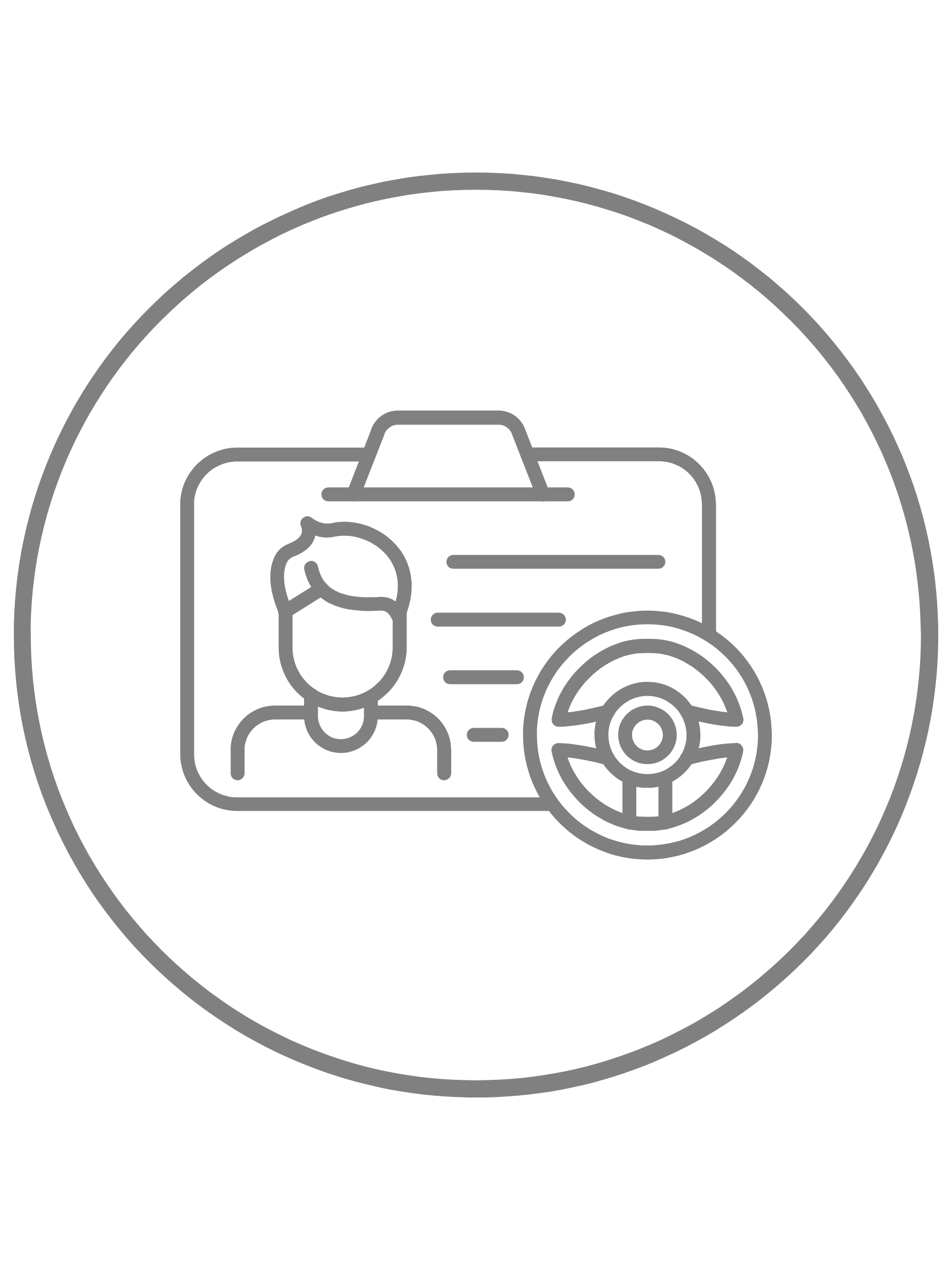 Icon of a driver's license with a portrait, a steering wheel, and lines representing text.