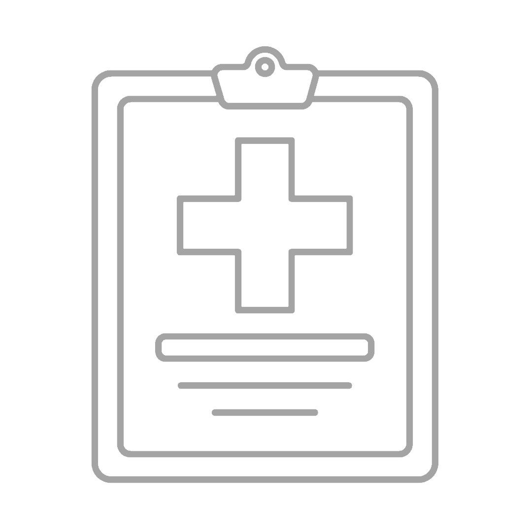 Outline of a medical clipboard with a cross symbol in the center and lines of text below.