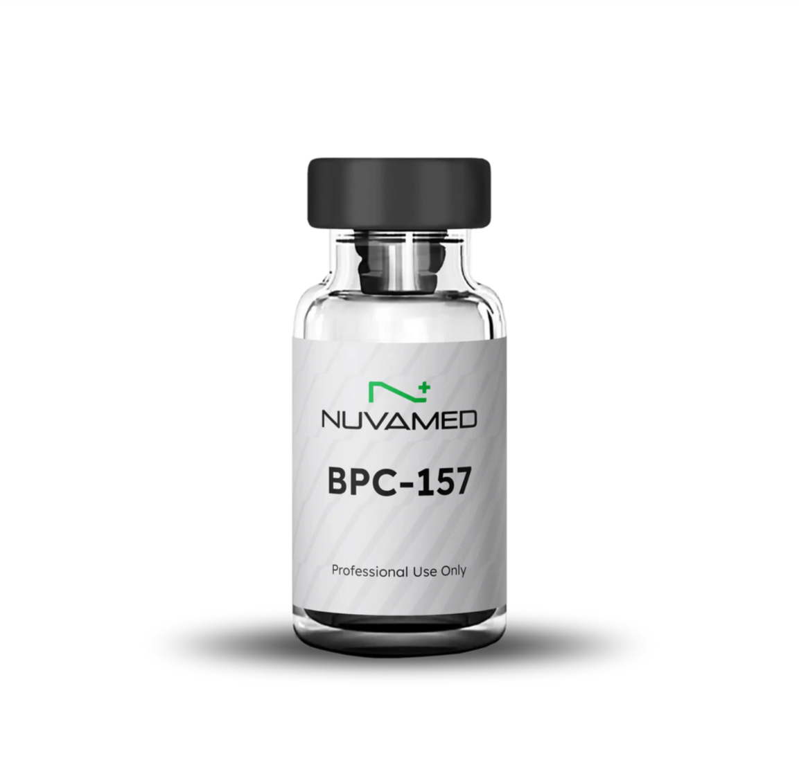 A small glass vial with a black rubber stopper, labeled NUVAMED BPC-157 with a professional use only note.