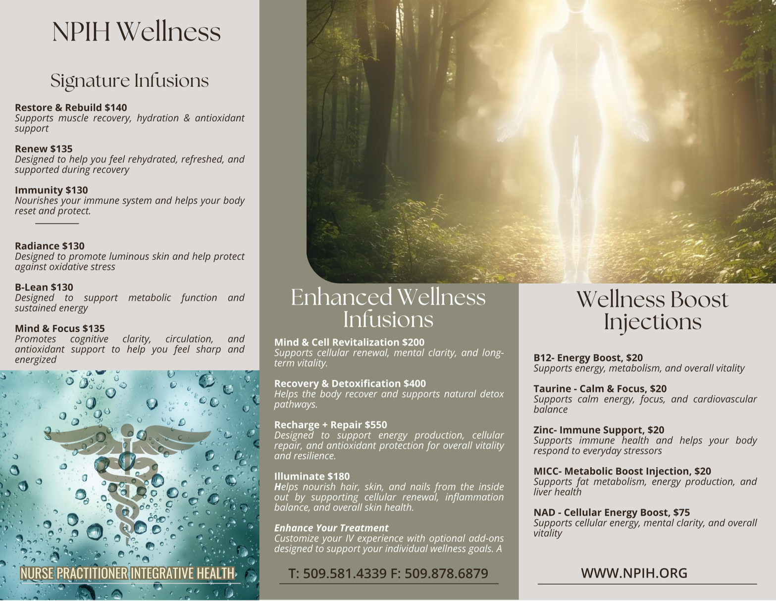 Brochure for NPIH Wellness offering signature infusions, enhanced wellness infusions, and wellness boost injections with a background image of a glowing human figure in a forest.