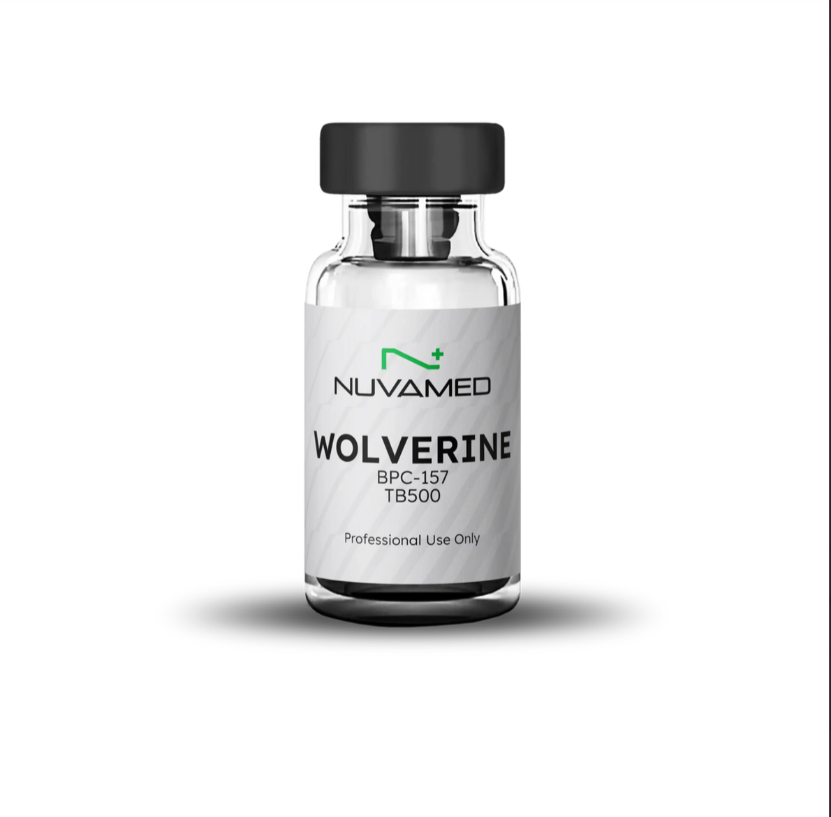 A small glass vial labeled 'NUVAMED WOLVERINE' with a black cap, containing a substance for professional medical use.