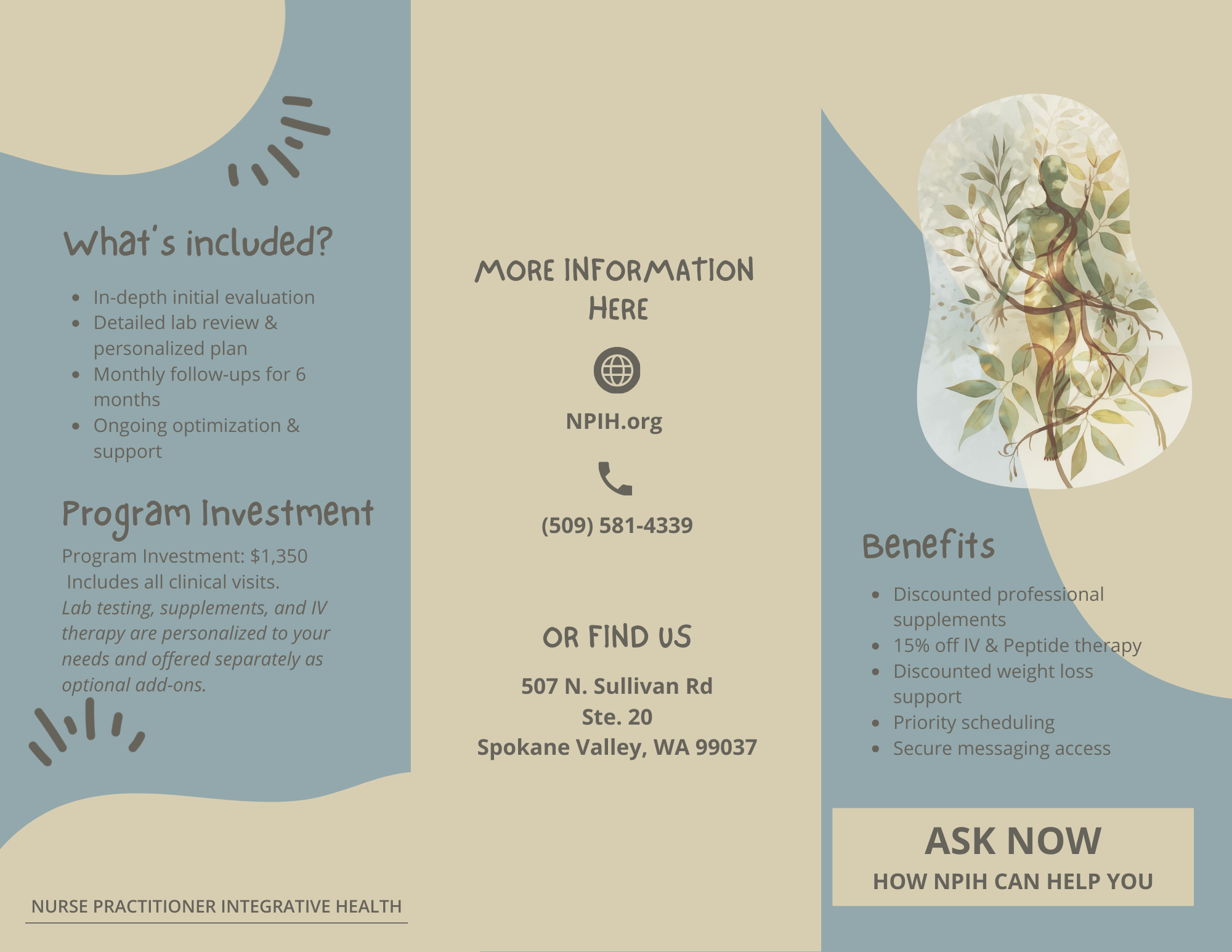 A digital informational flyer about a health program. The flyer has sections outlining what is included in the program, program investment details, benefits such as discounts on supplements and weight loss support, and contact information. The color scheme is beige and blue with decorative graphic elements, including an illustration of a human figure intertwined with leaves.
