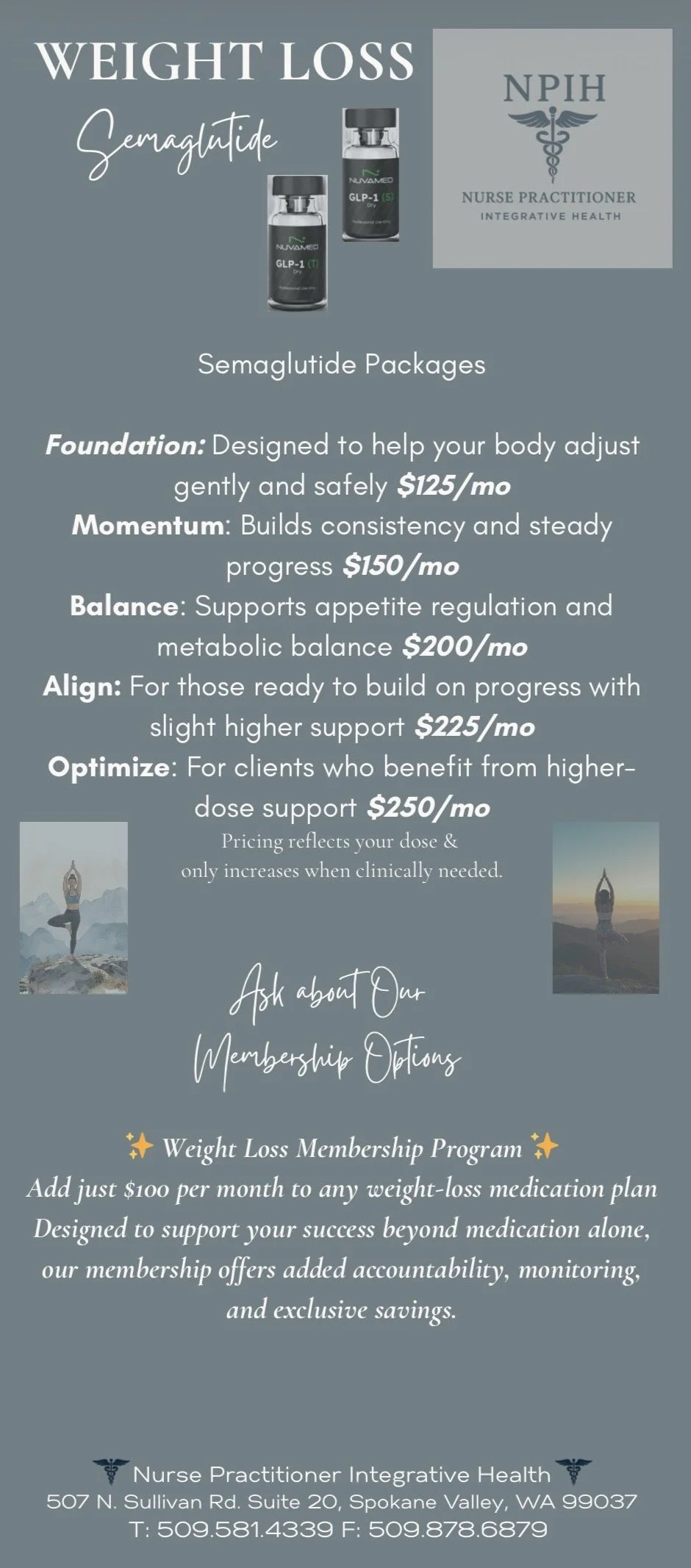 A flyer advertising weight loss semaglutide packages from nurse practitioner integrative health. The flyer lists different package options with prices and benefits, along with photos of weight loss medication bottles, yoga images, and clinic contact details at the bottom.