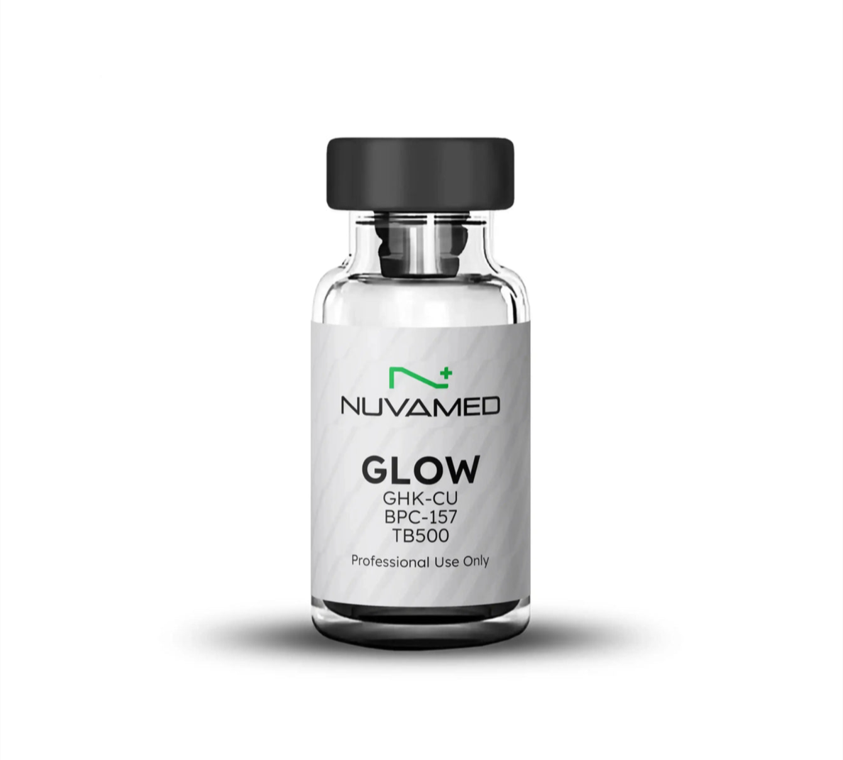 A small glass vial with a black cap containing NUVA MED Glow skincare product, labeled with its brand, product name, and ingredients, for professional use only.
