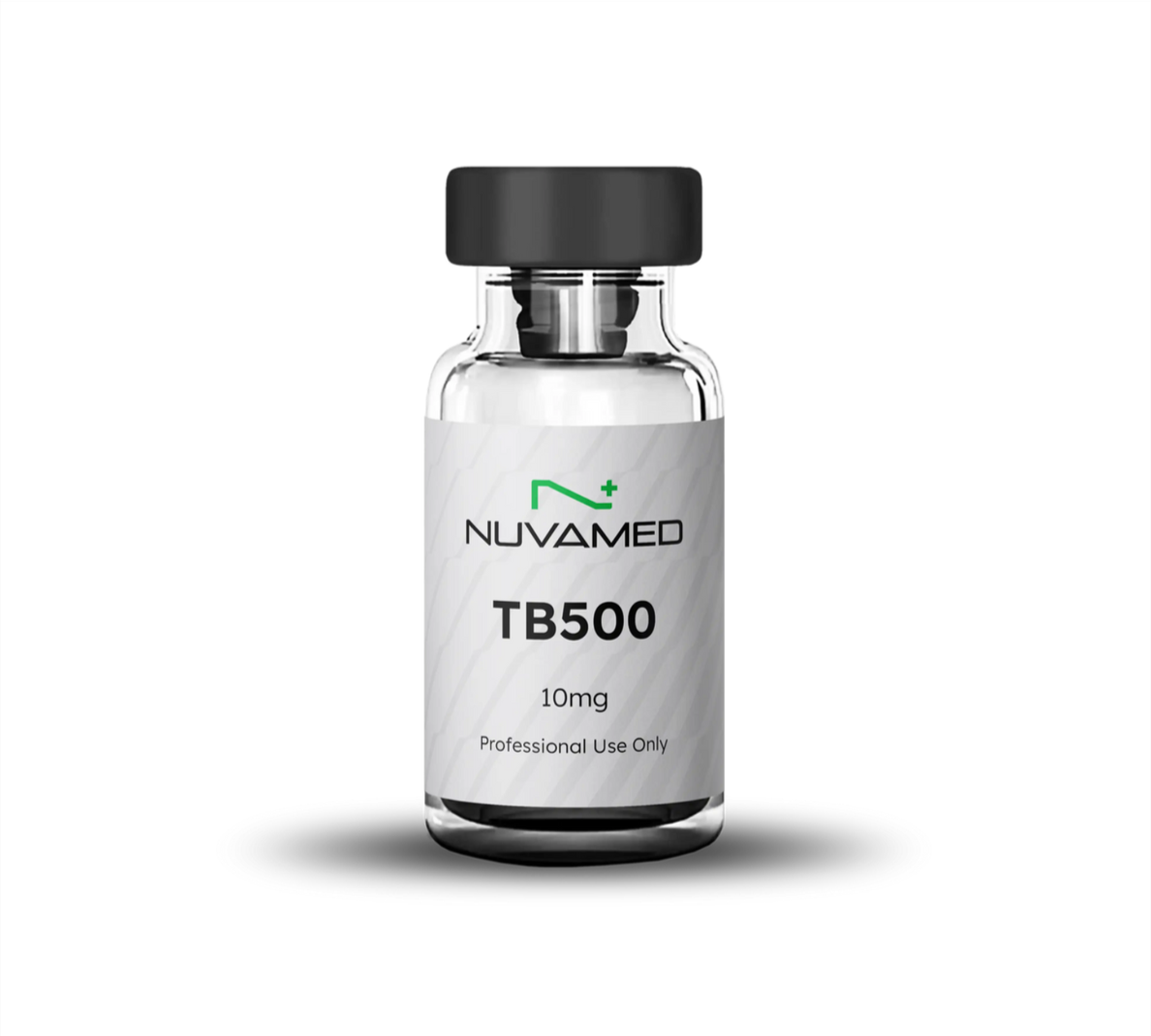 A small glass vial labeled "NUVAMED TB500 10mg" with a black cap, indicating it is for professional medical use only.