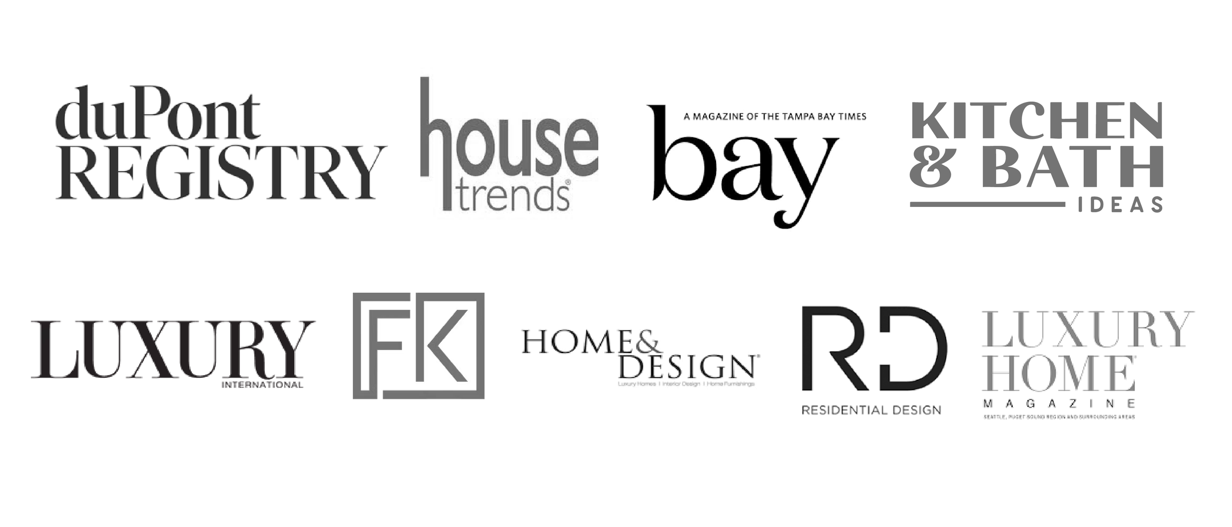 A collage of black and gray text with keywords like duPont REGISTRY, house trends, bay, KITCHEN & BATH IDEAS, LUXURY, HOME & DESIGN, and LUXURY HOME MAGAZINE related to luxury home interior design and real estate.