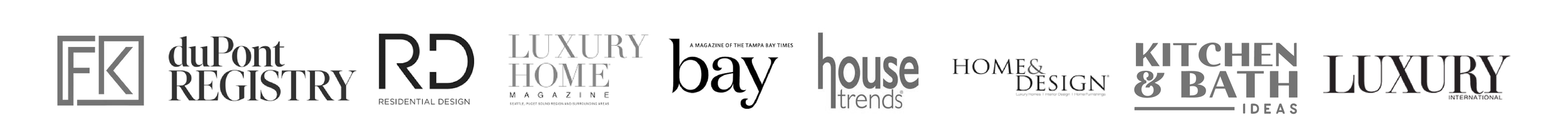 A row of logos and magazine names related to home design, interior decorating, and luxury living, including duPont Registry, R Design, Luxury Home, Bay, House Trends, Home & Design, Kitchen & Bath Ideas, and Luxury International.