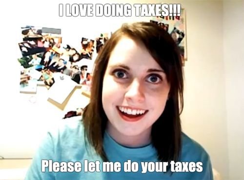 Smiling young woman with shoulder-length brown hair, wearing a blue shirt, in front of a wall with photos and notes, with a humorous caption about taxes