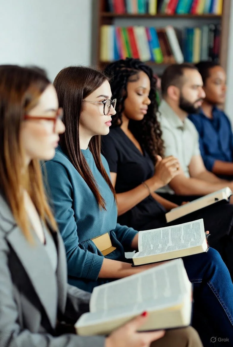 Group of five diverse young adults sitting in a classroom or library, reading books, with a bookshelf filled with colorful books in the background.