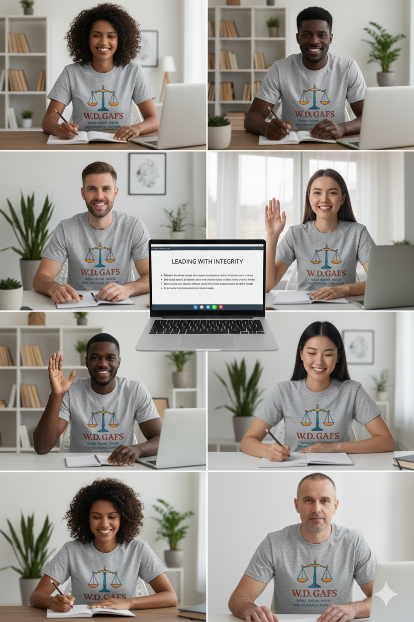 Group of diverse young adults in casual gray t-shirts with law scale logo and text, sitting at desks with laptops in a bright, organized office, smiling, some raising hands, one showing a peace sign, and one with a serious expression. A laptop screen in the center displays the phrase "Leading with Integrity".
