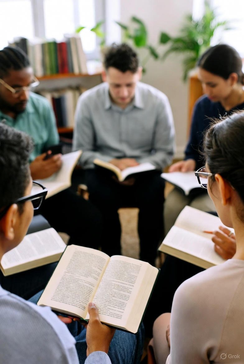 Group of people sitting in a circle reading books in a well-lit room with bookshelves and a plant in the background.