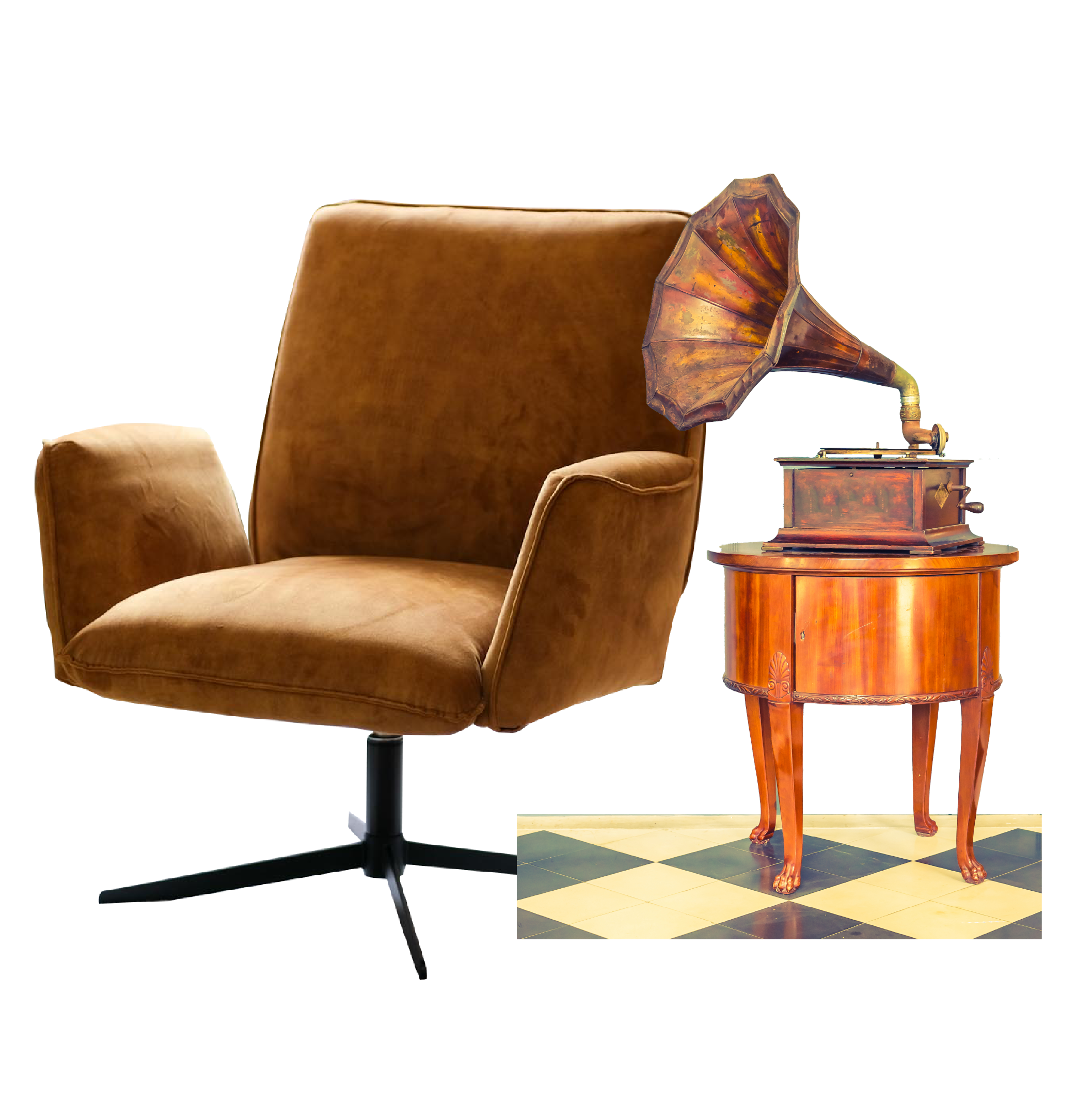 Vintage brown armchair next to a wooden side table with an antique gramophone