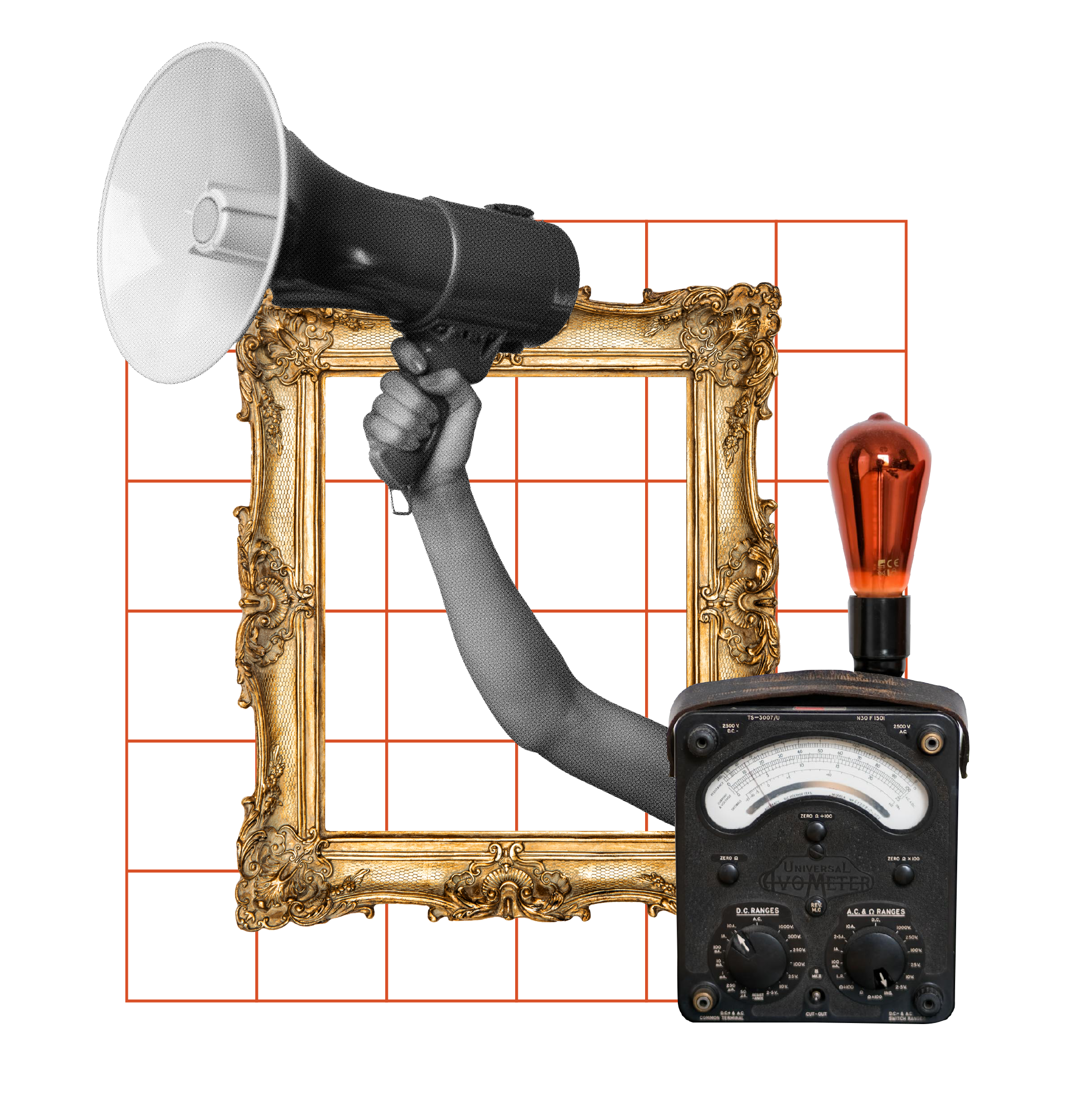 A decorative gold frame with a black and white wrench holding a megaphone, and an old-style electrical meter with a red light bulb attached.