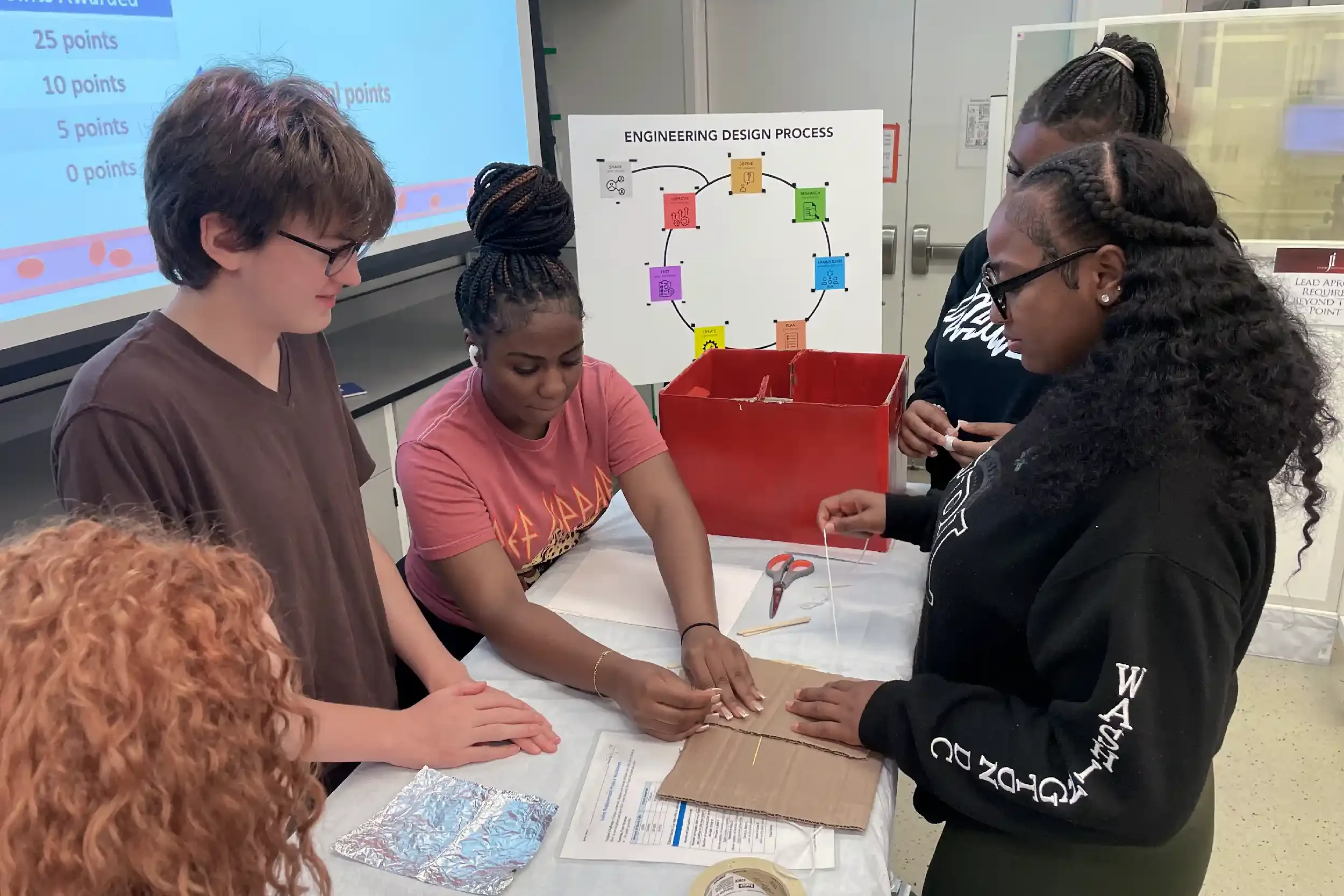 Group of students conducting a hands-on activity at a table in a classroom, with a poster titled 'Engineering Design Process' in the background.