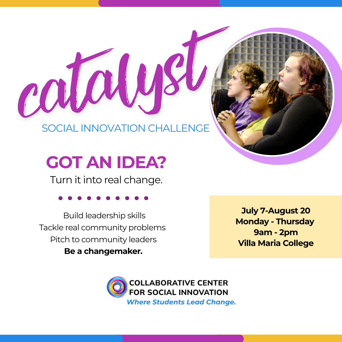 three inspired high school teen students watching a stage and imagining change