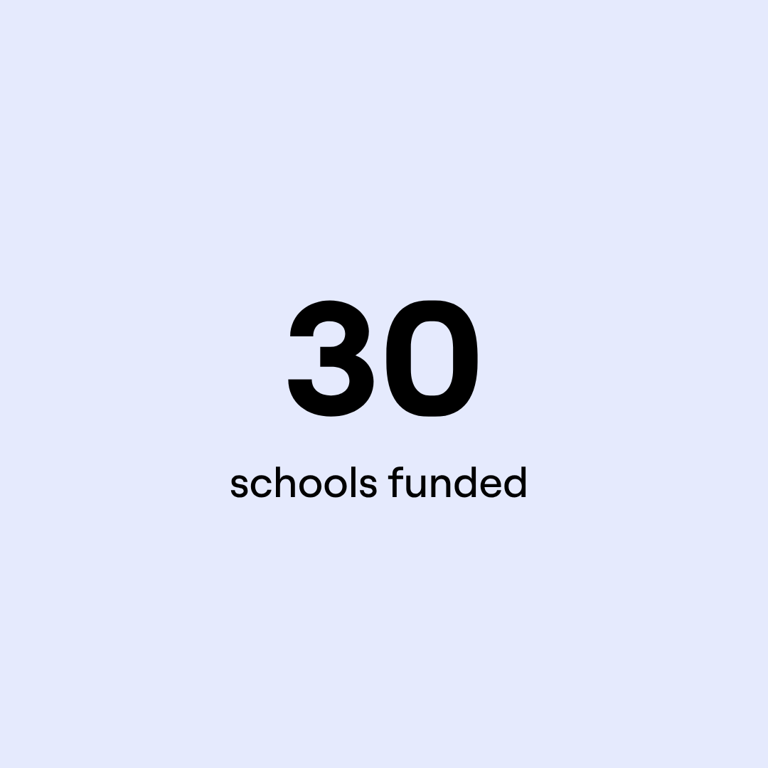 Graphic showing the number 30 with the text 'schools funded' beneath, on a light blue background.