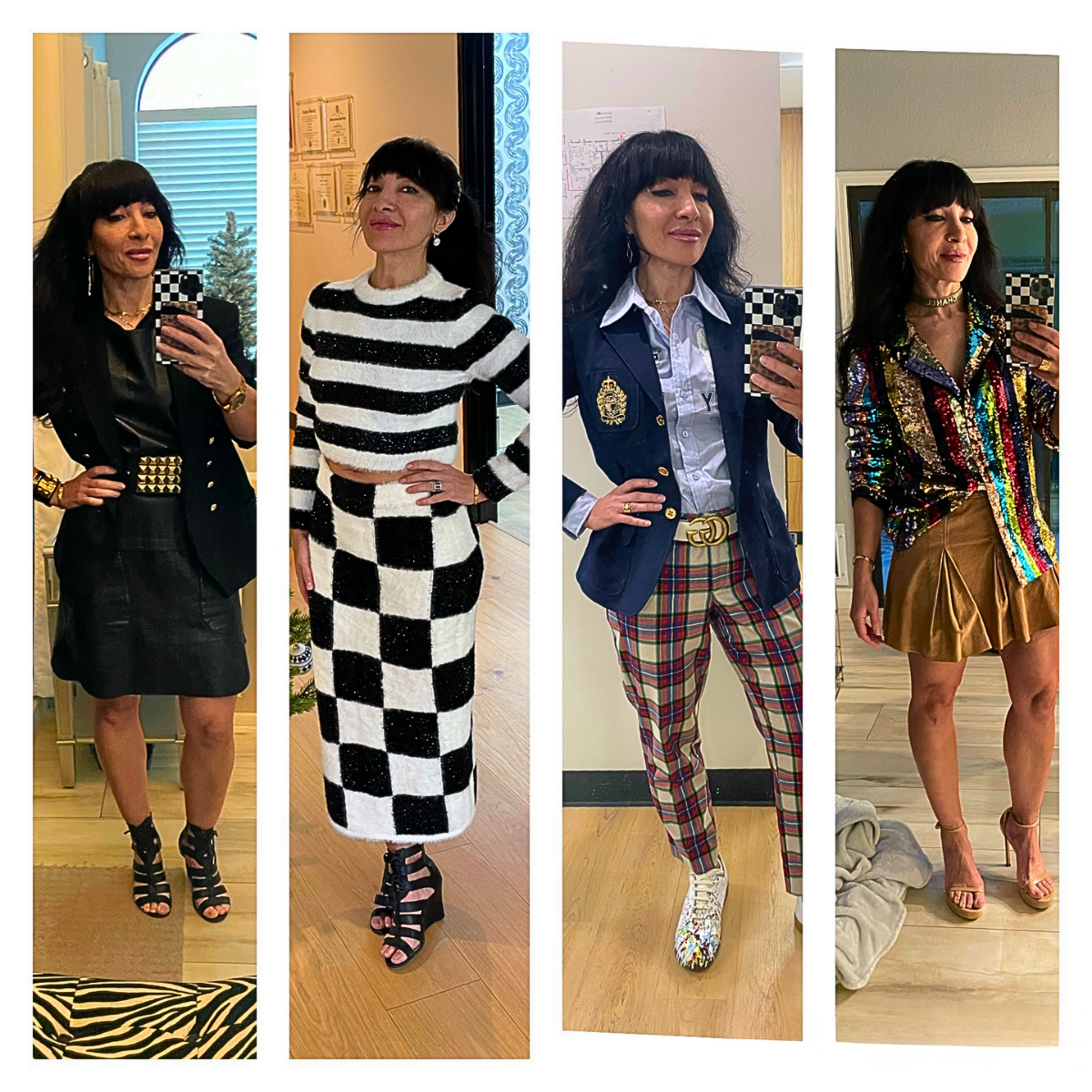 A woman taking mirror selfies in four different outfits, including a black blazer and skirt, a black and white striped sweater and skirt, a navy blazer with plaid pants, and a multicolored sequined top with a brown skirt.