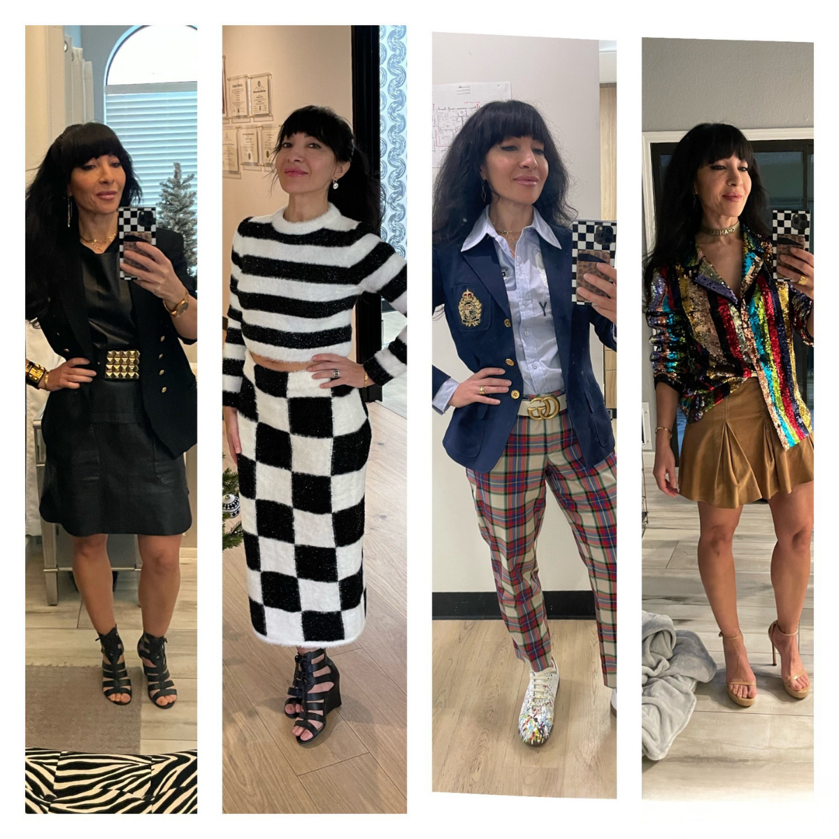 A collage of four women taking mirror selfies, each wearing different fashion outfits with stylish accessories and footwear.