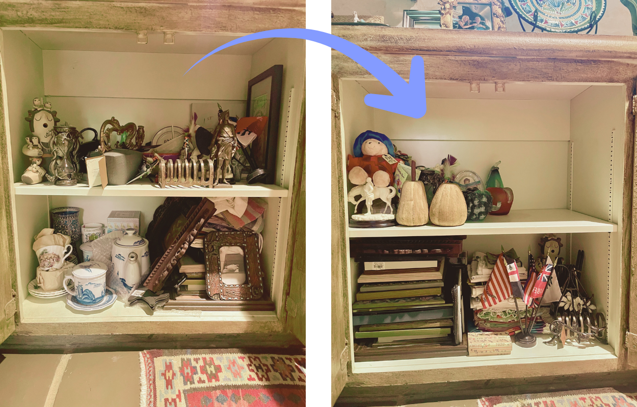 The image shows a before and after comparison of a cabinet, with the left side filled with various decorative items, dishes, and miscellaneous objects, and the right side cleared out, with only a few decorative and miscellaneous items remaining.