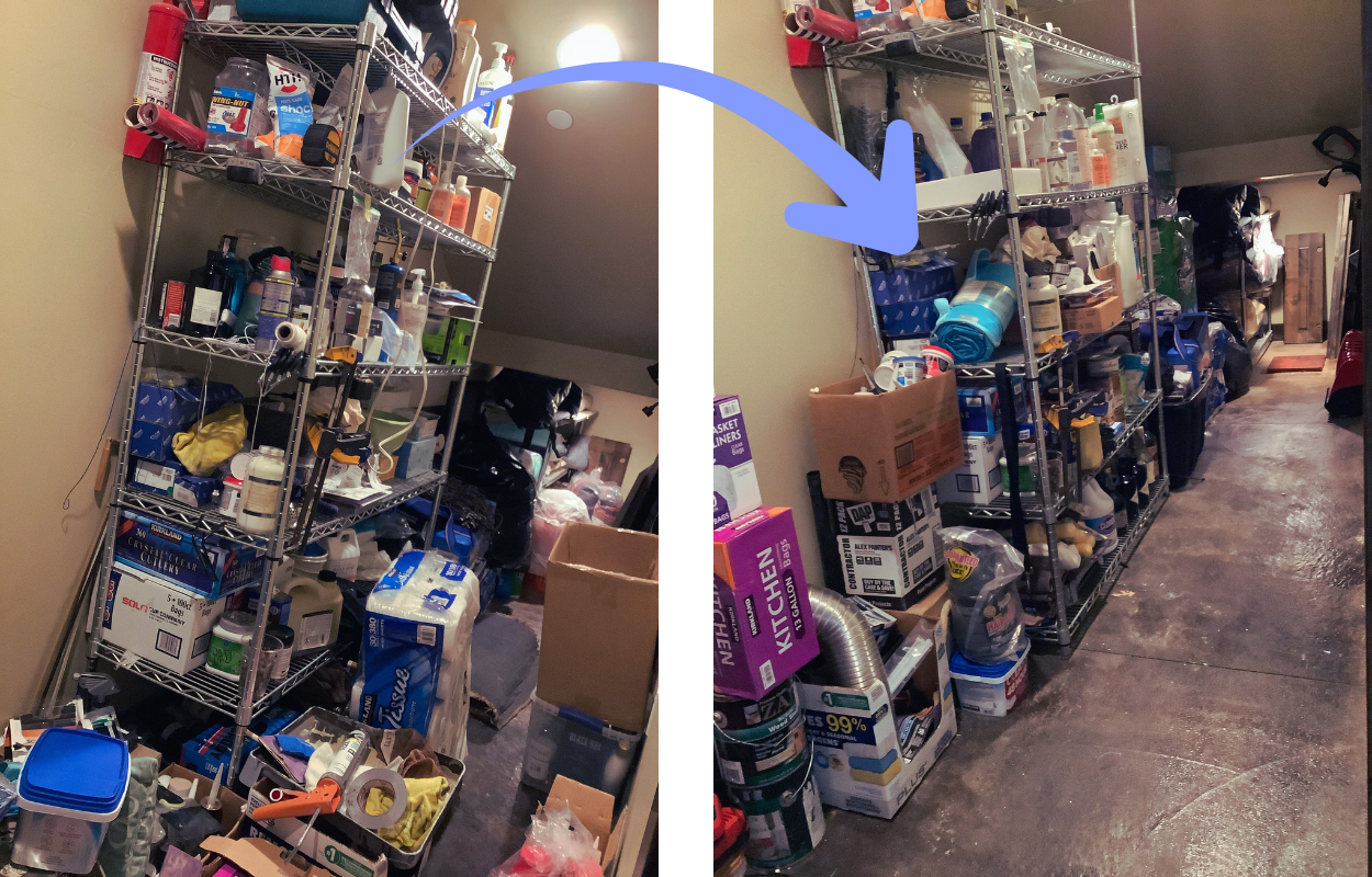 A cluttered storage room with metal shelving units filled with various household items, cleaning supplies, and boxes. The floor is concrete, and the room appears slightly messy and disorganized.