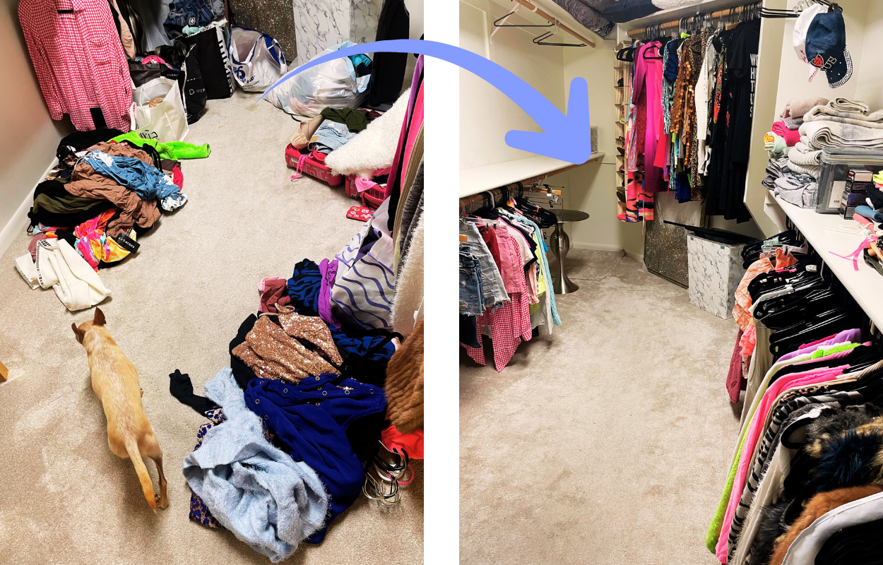 Photo showing a cluttered, messy room side by side with an organized, tidy room with neatly hung clothes and folded items.