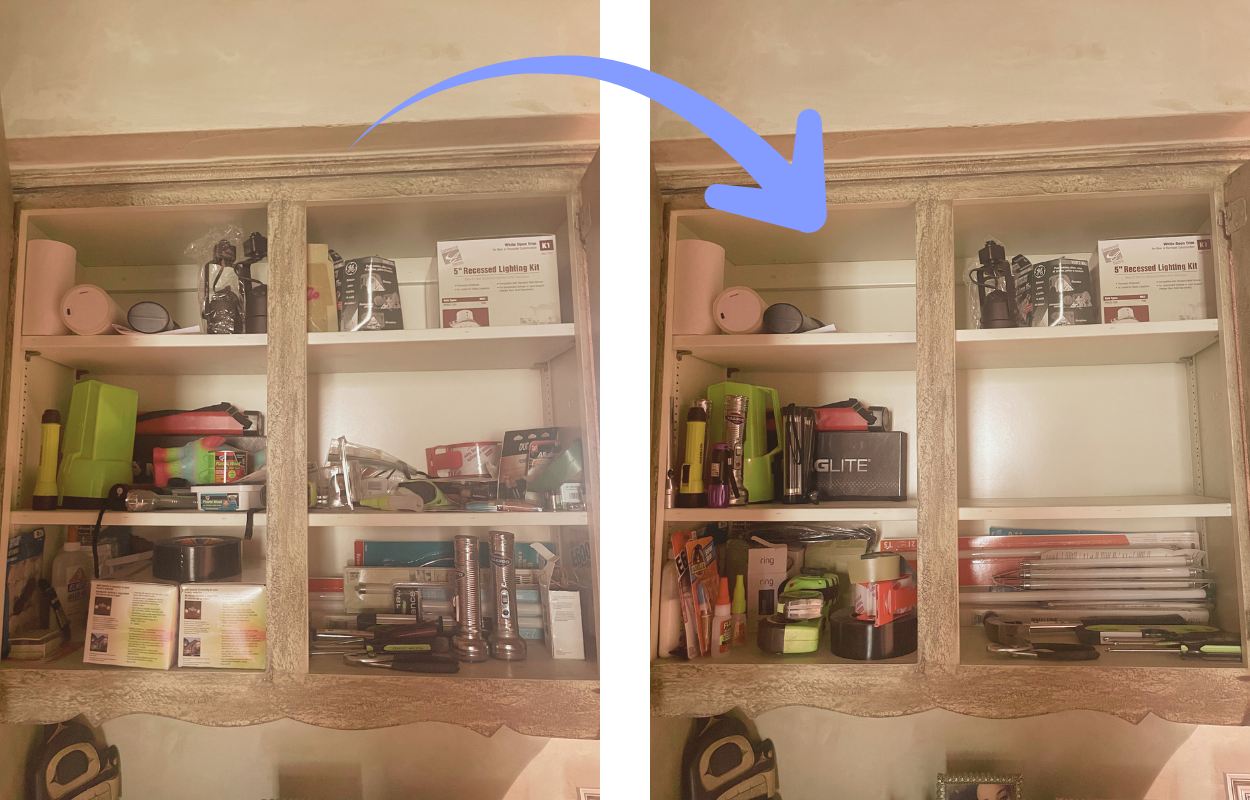 Before and after images of a wooden cabinet with shelves, showing tools, batteries, and various household items inside.