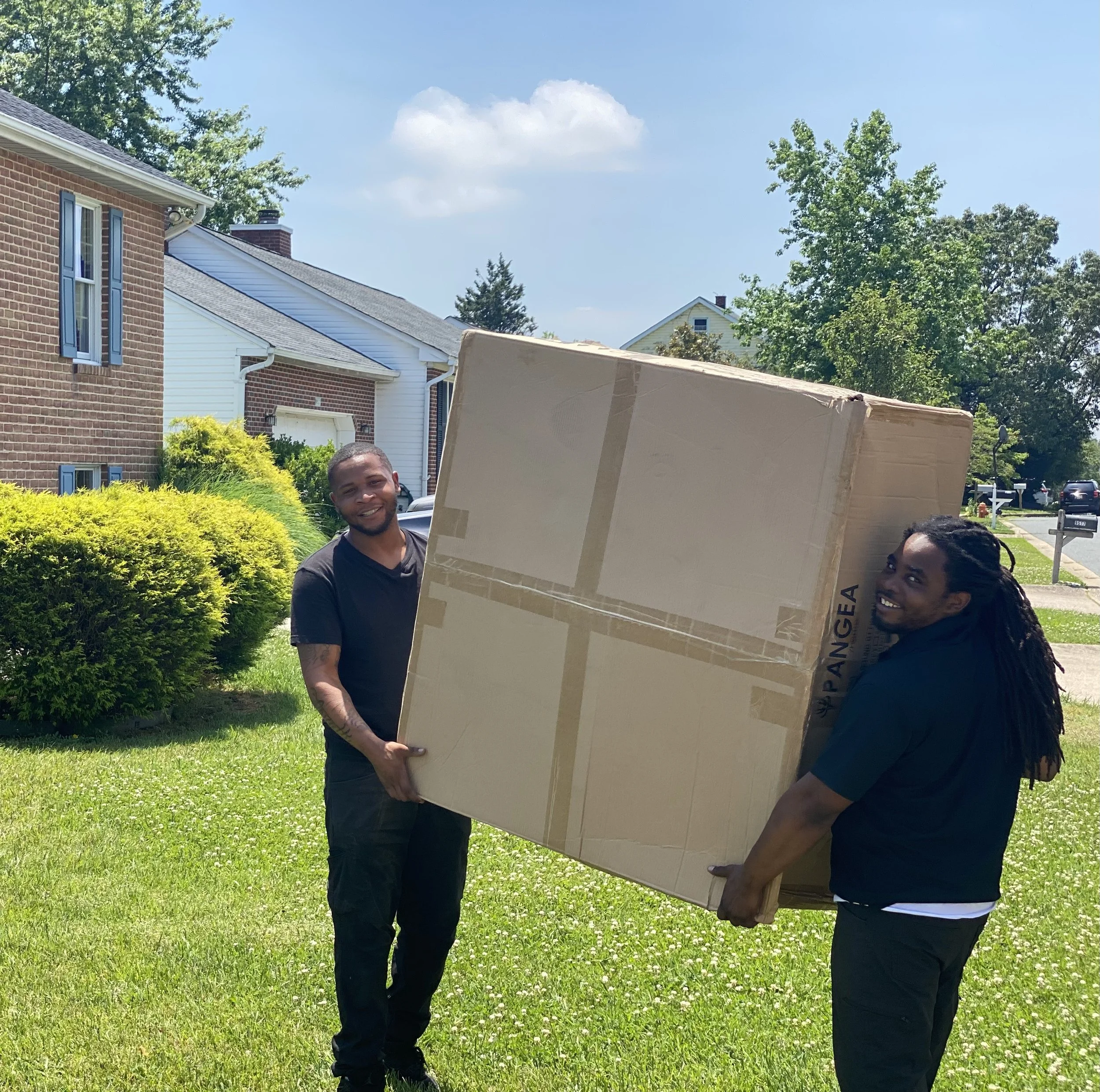 Two men are outdoors on a sunny day, carrying a large cardboard box together. They are standing on a green lawn in front of houses, with trees and a street in the background.