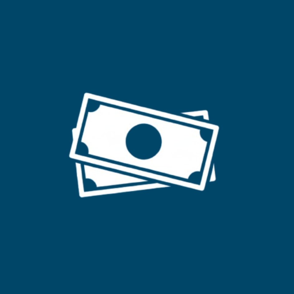Icon of two overlapping dollar bills on a dark blue background.