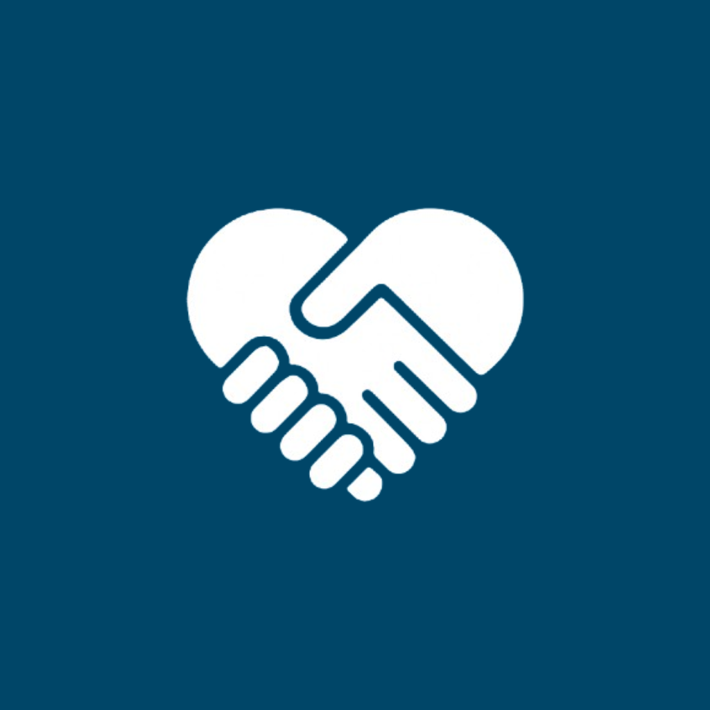 Icon of two hands shaking inside a heart shape on a dark background.