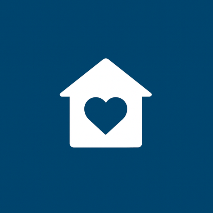 Icon of a house with a heart inside, on a blue background.