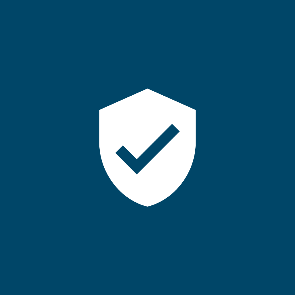 Security shield icon with a checkmark on a dark blue background.