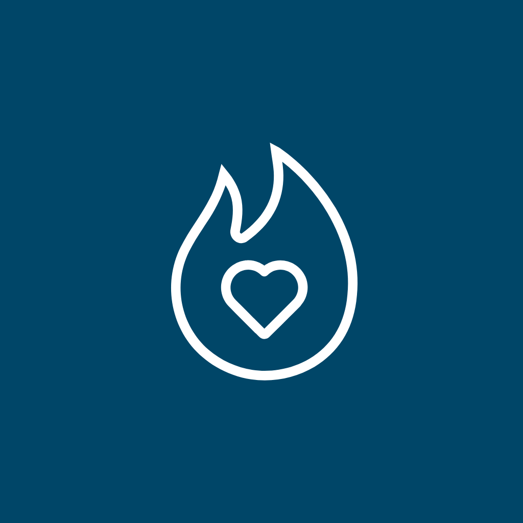 White outline of a flame with a heart inside on a dark blue background.