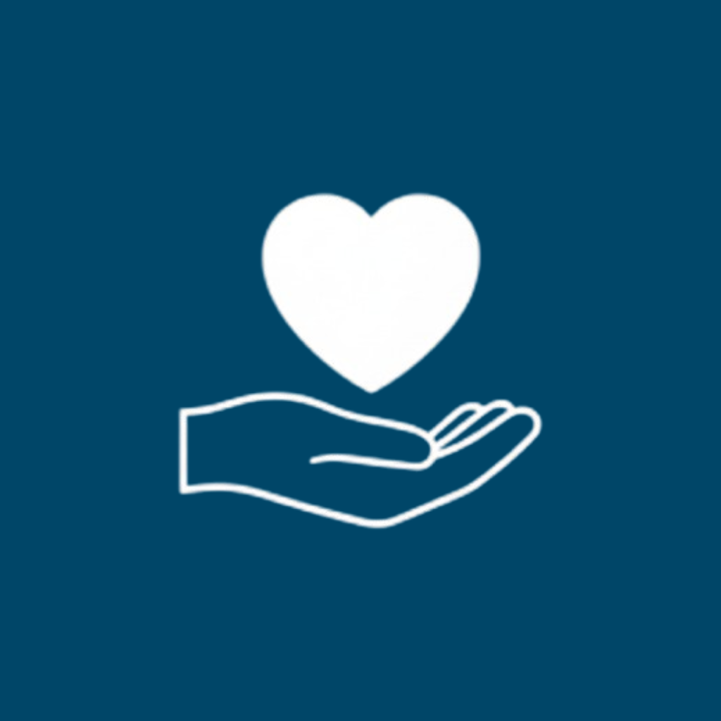 Outline of a hand holding a heart on a blue background.