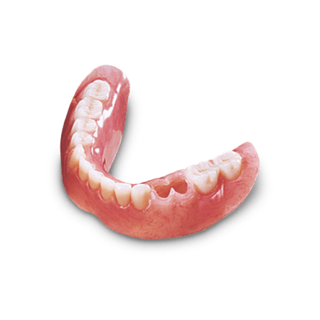 Upper dentures with teeth and gums against a black background.