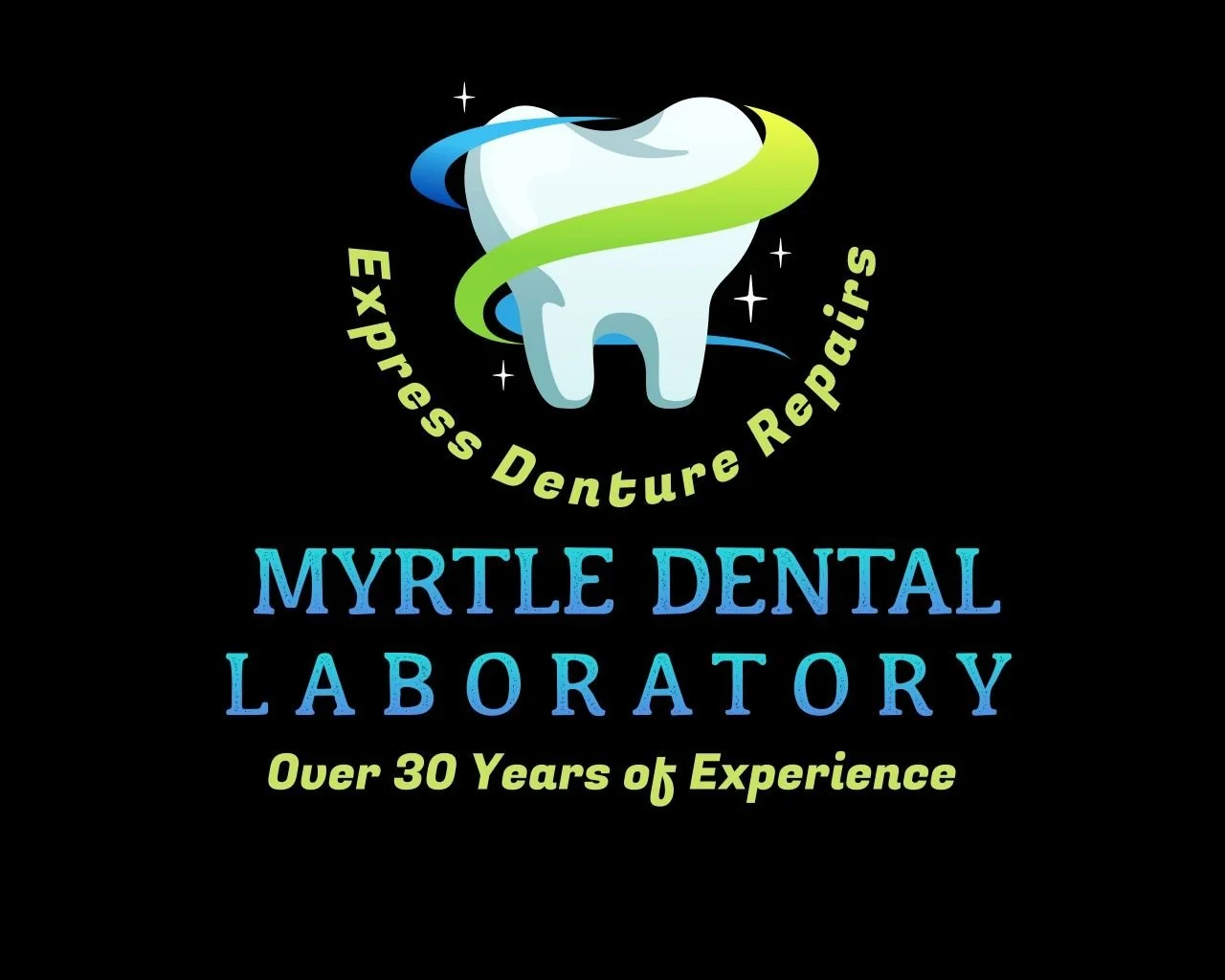 Logo of Myrtle Dental Laboratory featuring a stylized tooth with a green and blue ribbon around it, stars, and text emphasizing denture repair services and over 30 years of experience.