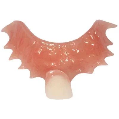 Partial upper denture with pink acrylic base and a single artificial tooth