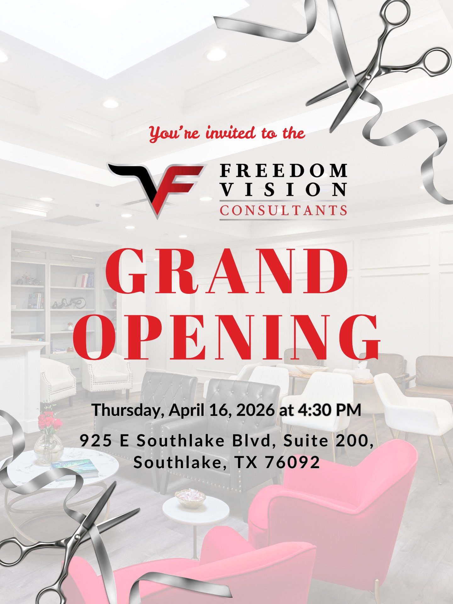 🎉 We&rsquo;d love for you to join us!

Come celebrate the official ribbon cutting and grand opening of Freedom Vision Consultants in Southlake! 

📅 Thursday, April 16, 2026
⏰ 4:30 PM
📍 Freedom Vision Consultants
925 E Southlake Blvd, Suite 200
Sou
