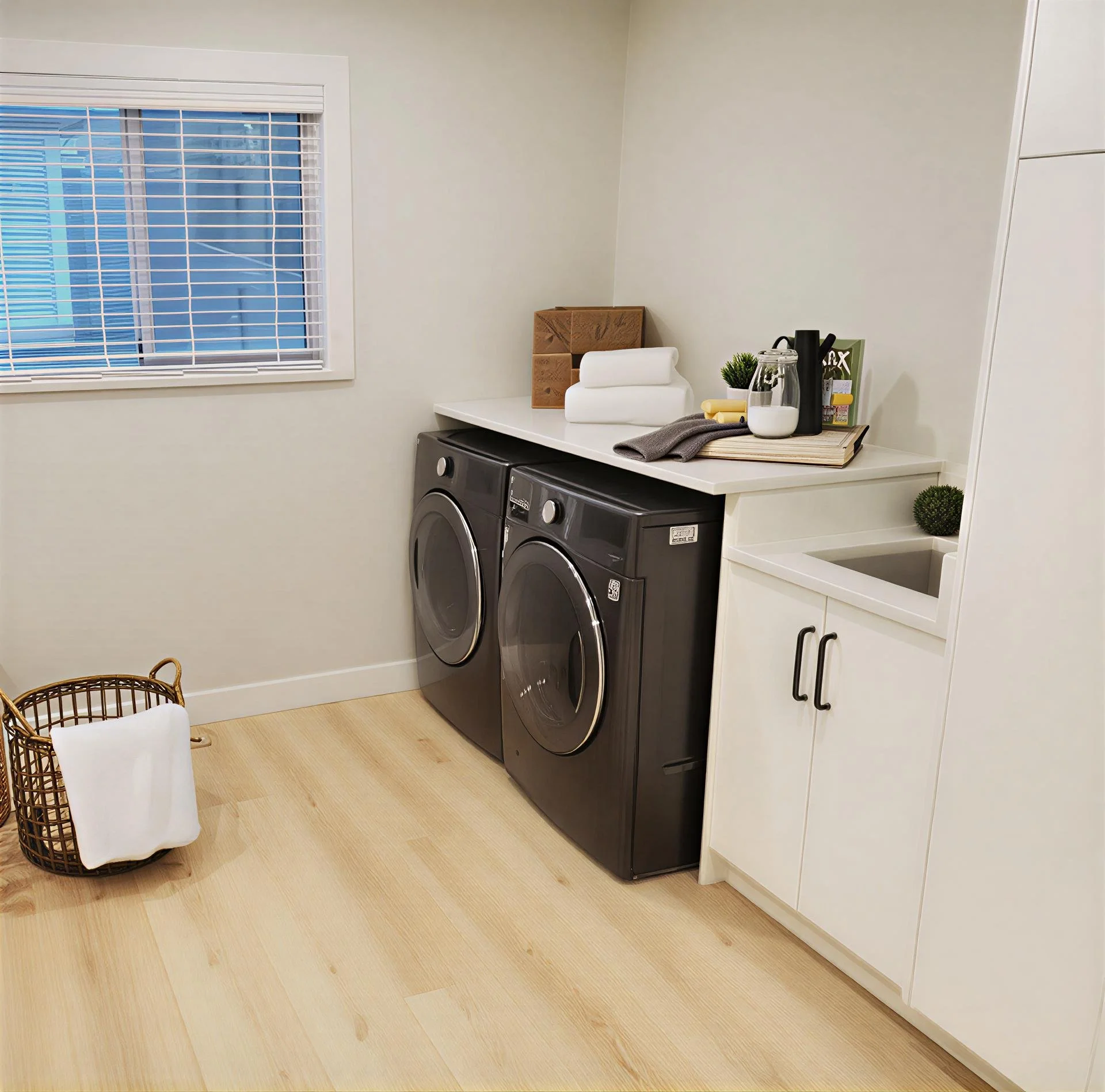 A modern laundry room with a window, a sink, a cabinet, a washing machine and dryer, and laundry accessories on the countertop.
