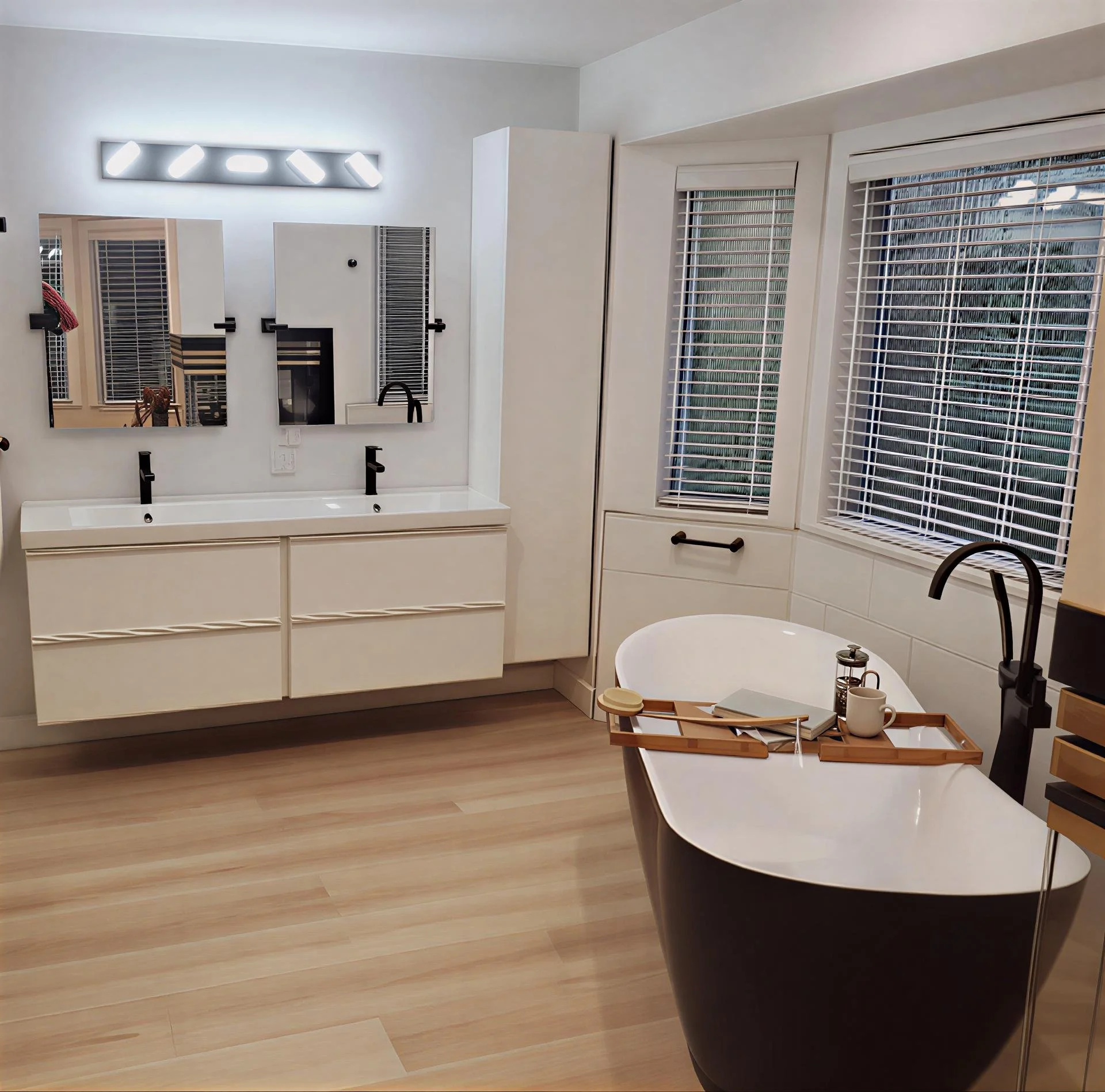 Modern bathroom with a white vanity featuring twin sinks and black faucets, a bathtub near windows with white blinds, and a rectangular mirror above the vanity. The floor is light wood, and there are various toiletries and accessories on a tray on th