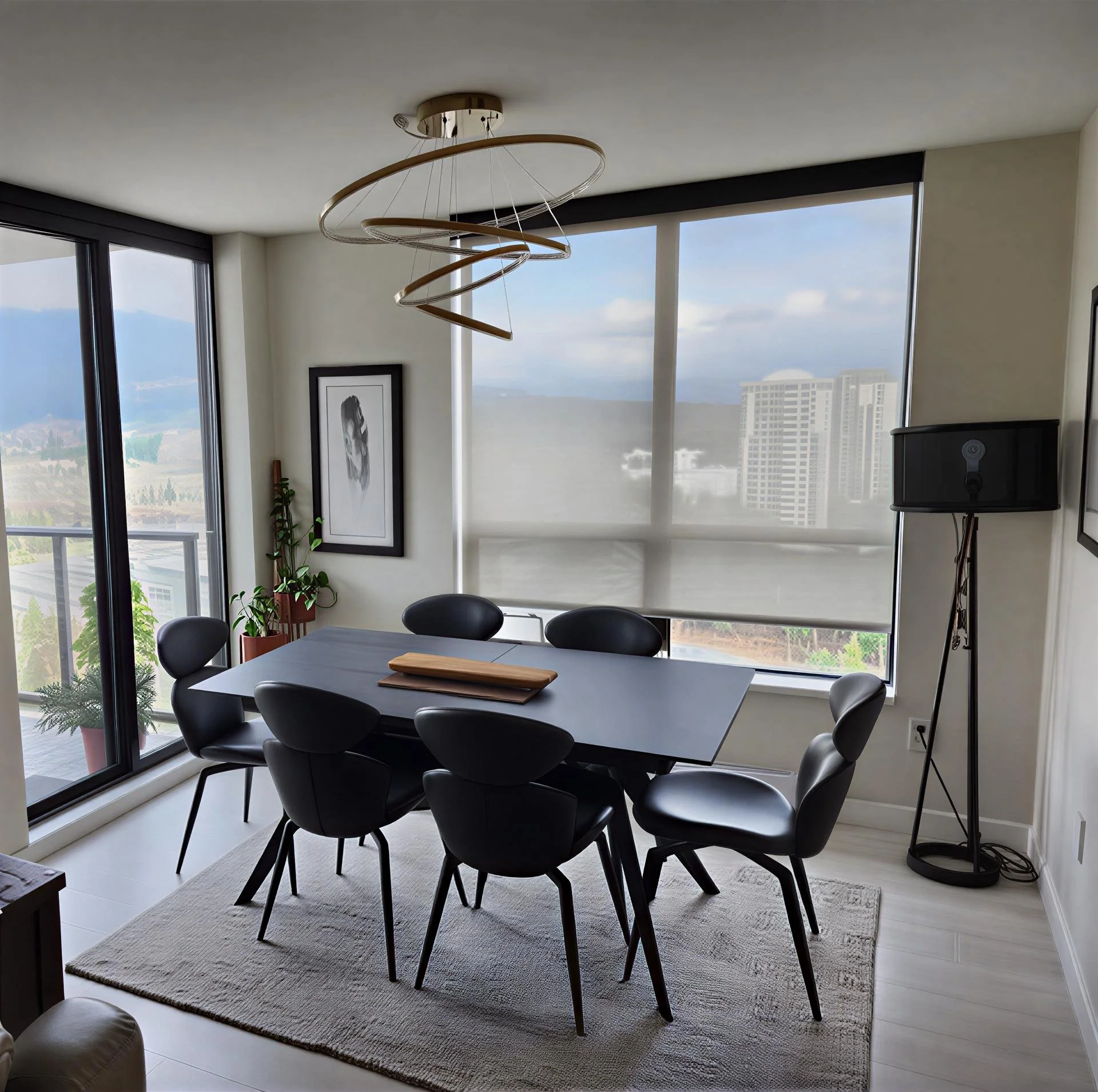 Modern dining room with six black chairs around a rectangular table, positioned on a beige rug. Large windows with city and mountain views, a black floor lamp, artwork on the wall, a potted plant in the corner, and a contemporary chandelier hanging f