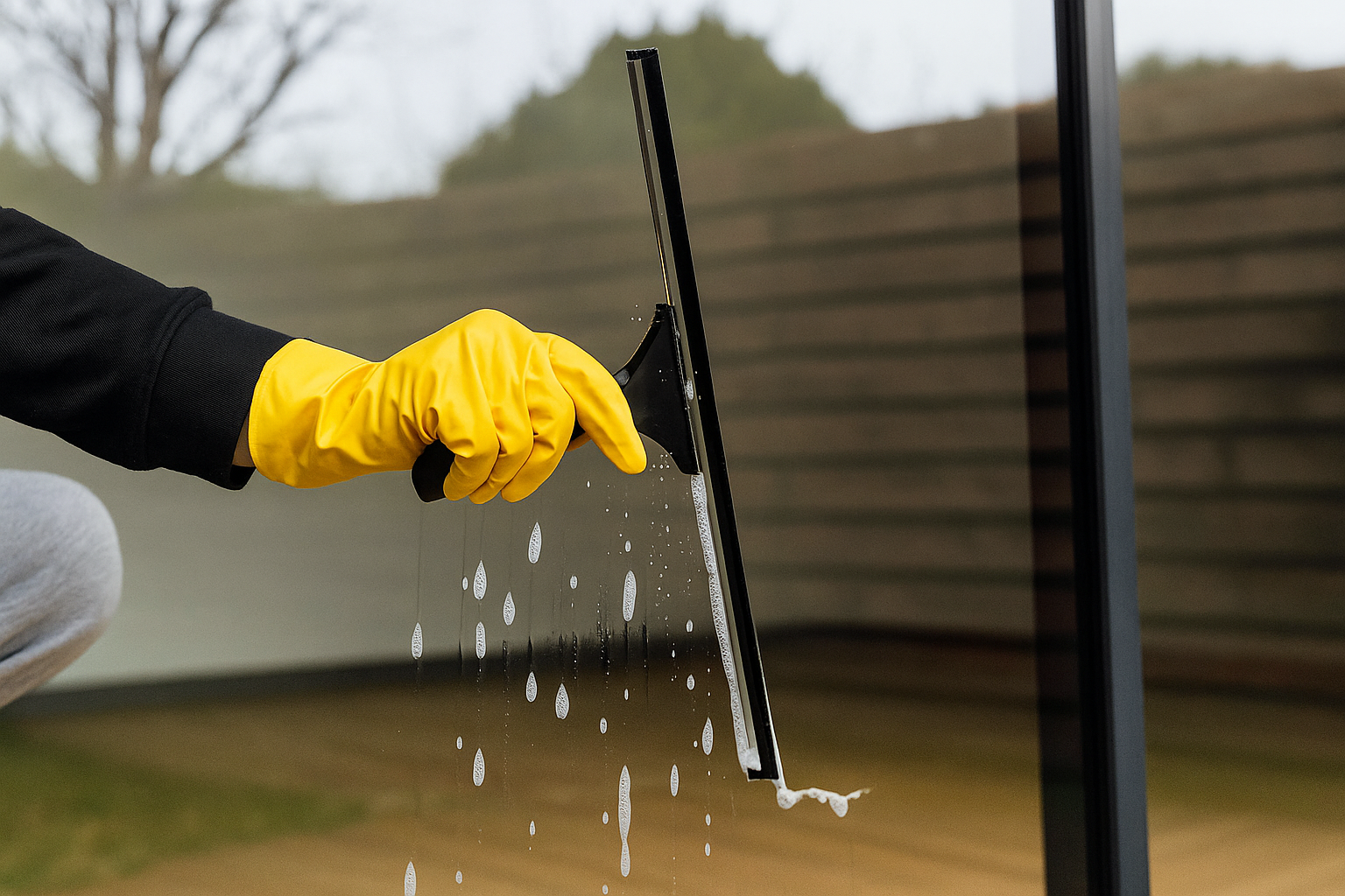 A person wearing yellow rubber gloves cleaning a glass window with a squeegee, with soap suds dripping down the glass.