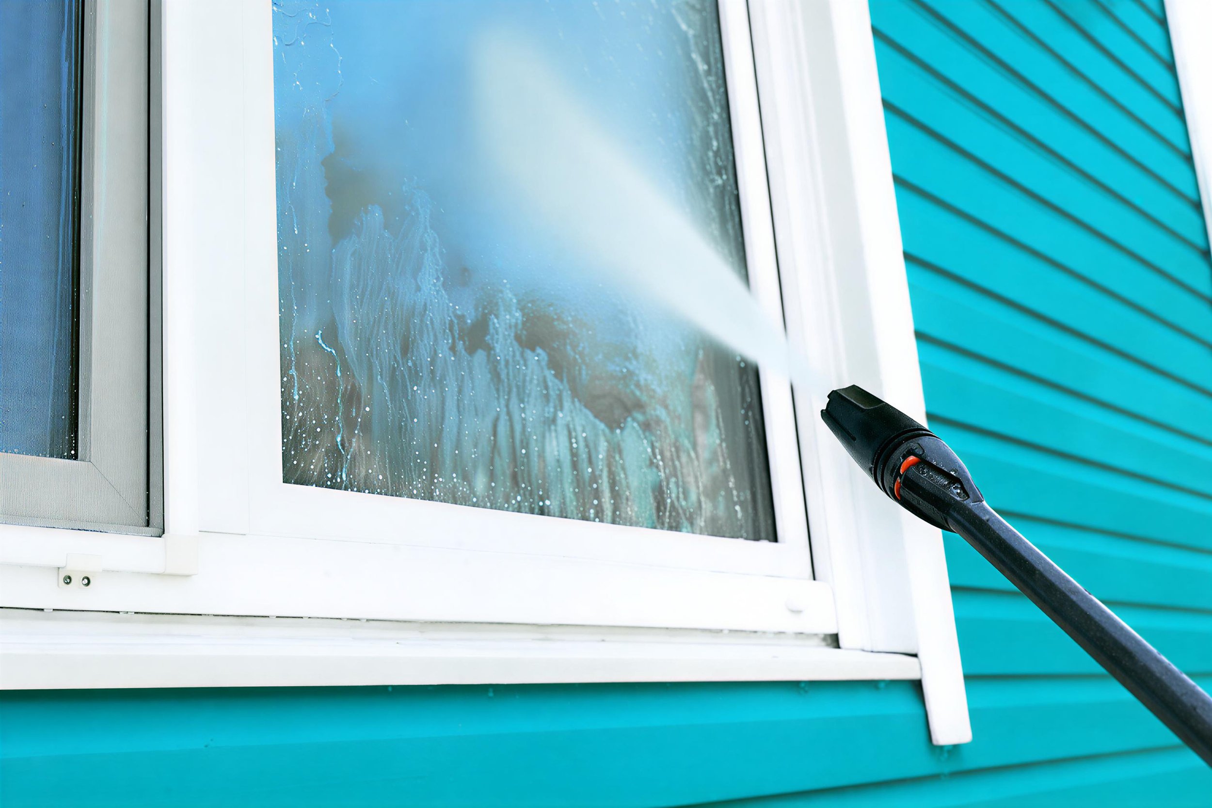 Pressure washing window on a blue house exterior