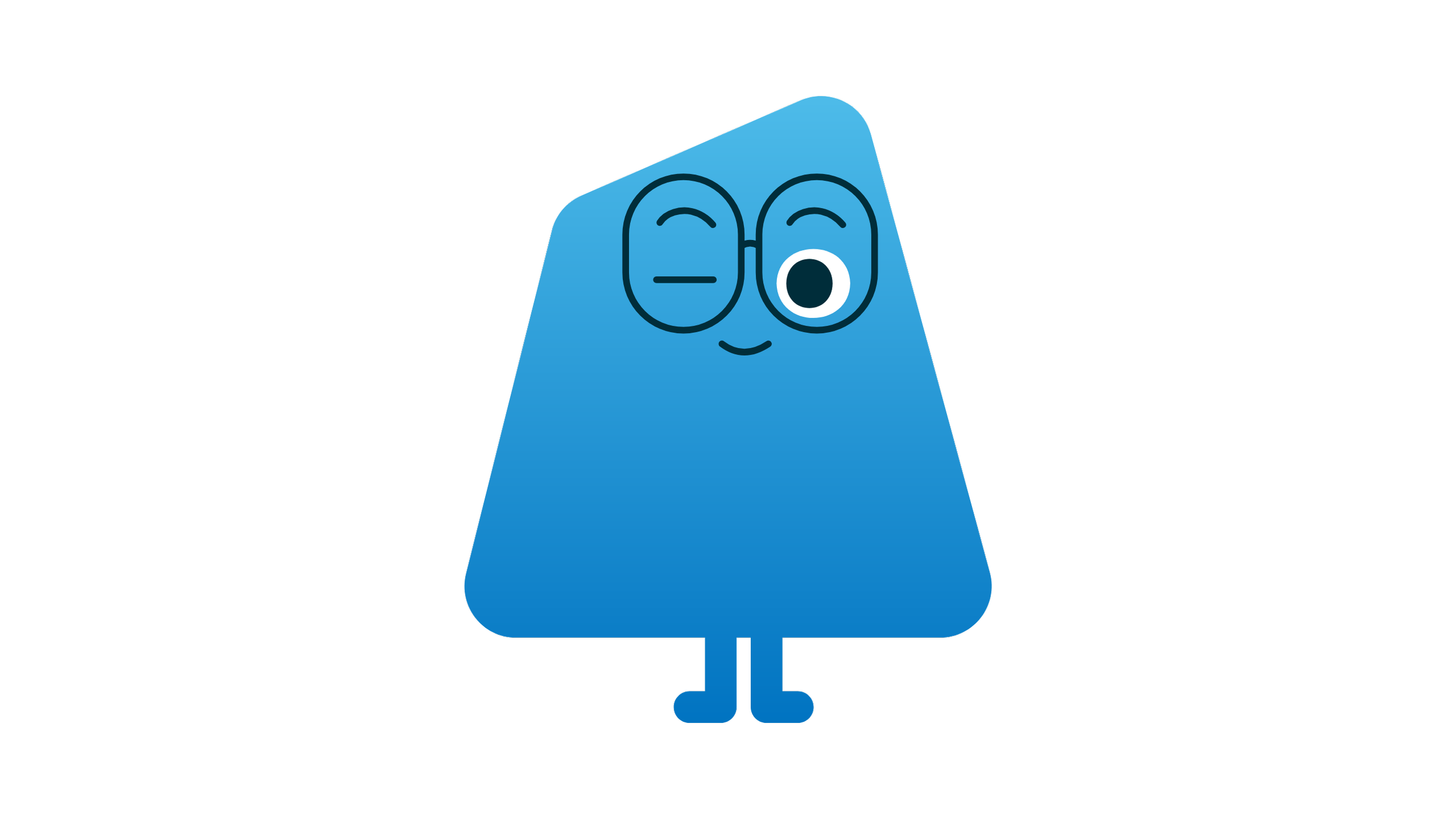 Dibujo de una figura azul con forma triangular, con rostro con ojos cerrados y uno abierto, sonriendo y con dos pequeñas piernas rojas.