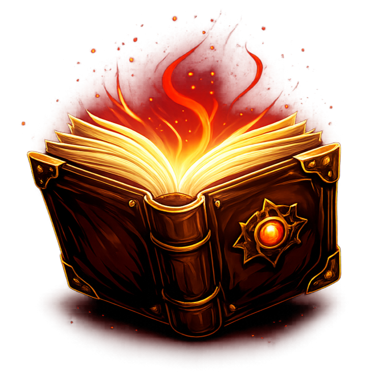 A fantasy-style open magic book with glowing, fiery pages and an ornate cover emitting a radiant glow.