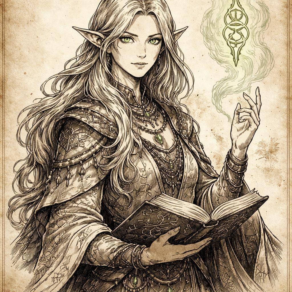 Female fantasy character in ink illustration style created with AI worldbuilding app