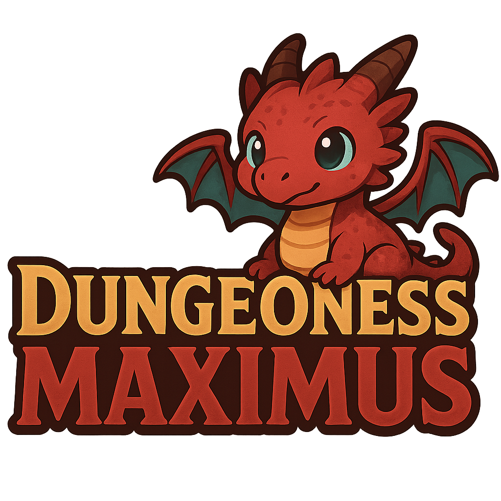 Logo for Dungeons Maximus featuring a cute cartoon red dragon.