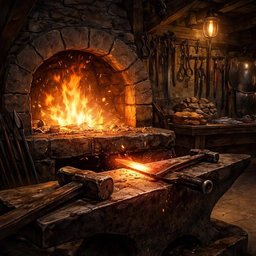 Fantasy blacksmith interior generated with Dungeoness Maximus for D&D campaigns