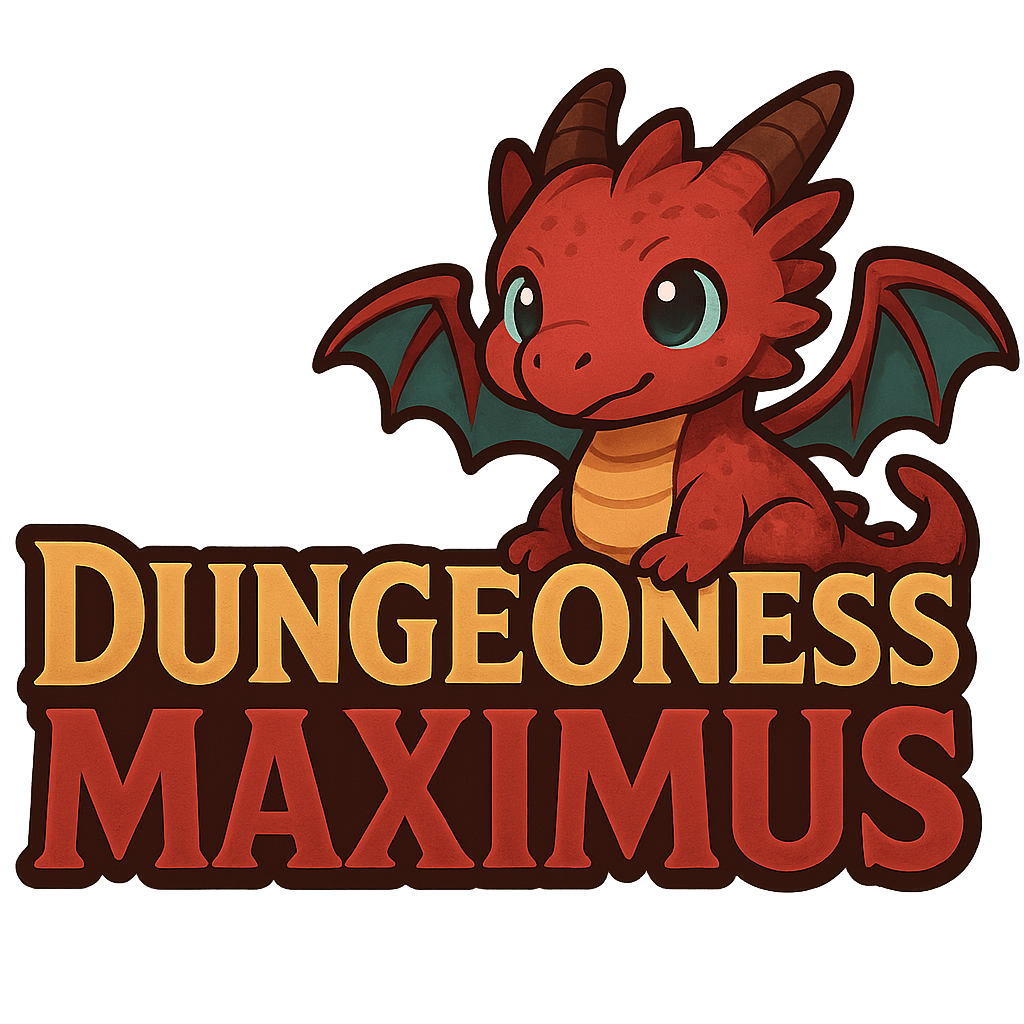 A cute cartoon red dragon with blue eyes, green wings, and a friendly expression, above the text "Dungeoneess Maximus."