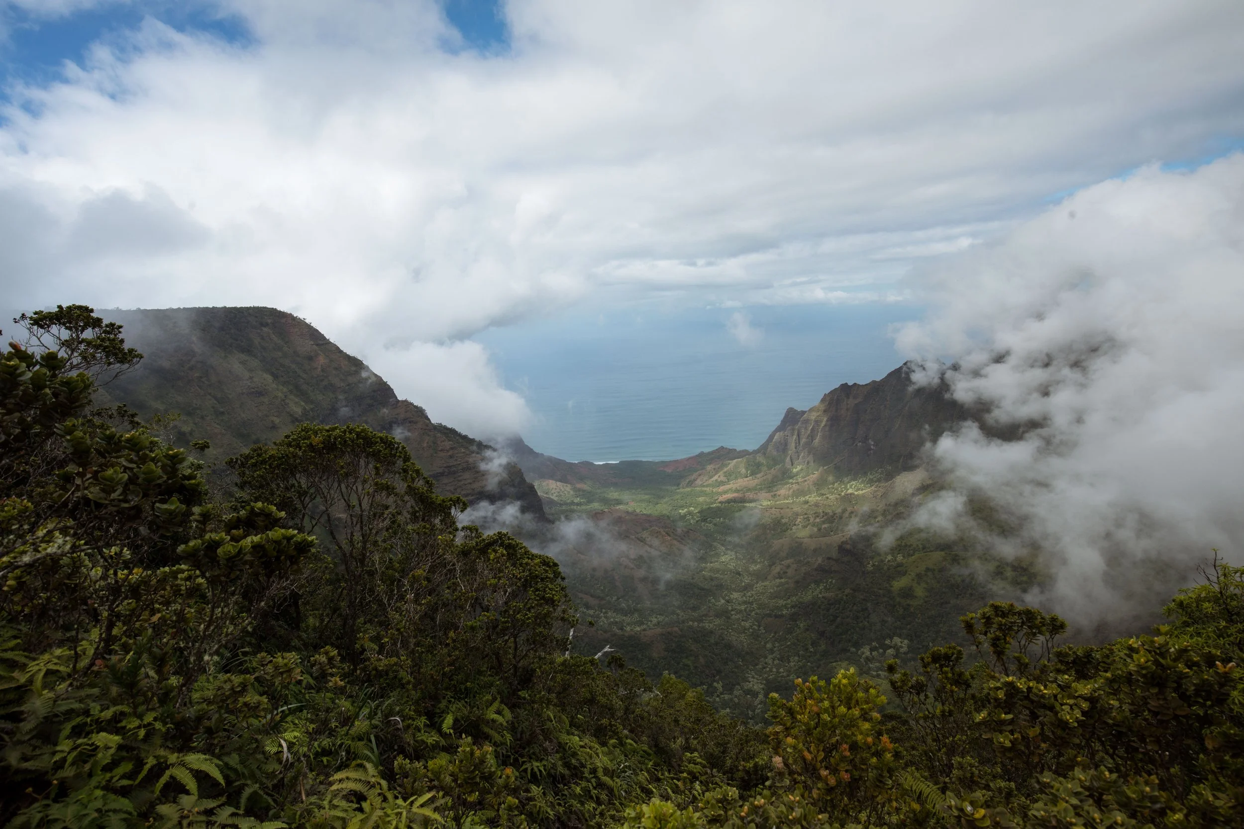 A view of a lush green valley between mountains, with clouds and mist surrounding the area, and the ocean in the distance under a cloudy sky.